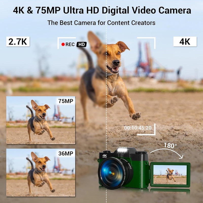 SMARTKLIK 4K Digital Camera for Photography Autofocus 75MP 16X Digital Zoom with 3'' 180° Flip Screen Vlogging YouTube Video Students Compact Cameras with 2 Batteries 64GB Micro SD Card(DeepGreen) - Image 2